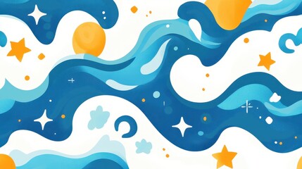 Abstract seamless pattern with wavy shapes, stars, and circles in blue and orange colors.