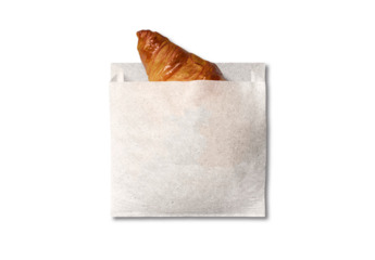 A freshly baked croissant with a golden, flaky crust peeks out of a simple, eco-friendly paper bag. Perfect for showcasing bakery items or breakfast-themed designs.