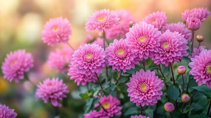 Obraz premium Pink Chrysanthemum Flowers in Bloom Soft Focus Garden Background