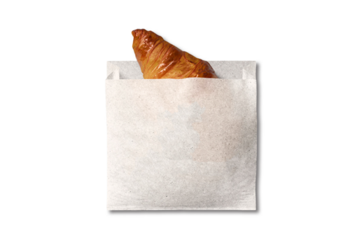 A freshly baked croissant with a golden, flaky crust peeks out of a simple, eco-friendly paper bag. Perfect for showcasing bakery items or breakfast-themed designs.