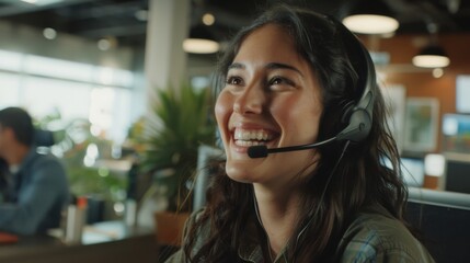 A friendly call center agent with a headset smiles brightly, embodying professionalism and positive customer service engagement.
