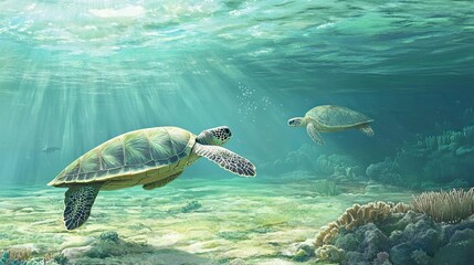 Obraz premium Two Sea Turtles Gracefully Swim Underwater in Coral Reef