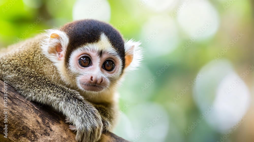 Poster Adorable Squirrel Monkey Resting on a Branch in Bright Sunlit Rainforest : Generative AI