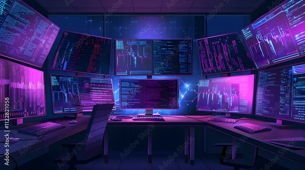 Poster futuristic trading room with multiple large screens displaying data, charts, and code. night scene.
