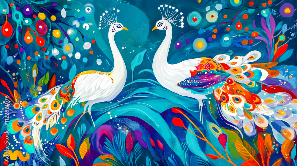 Poster elegant white peacocks gracefully displaying on a vibrant teal background surrounded by colorful abs