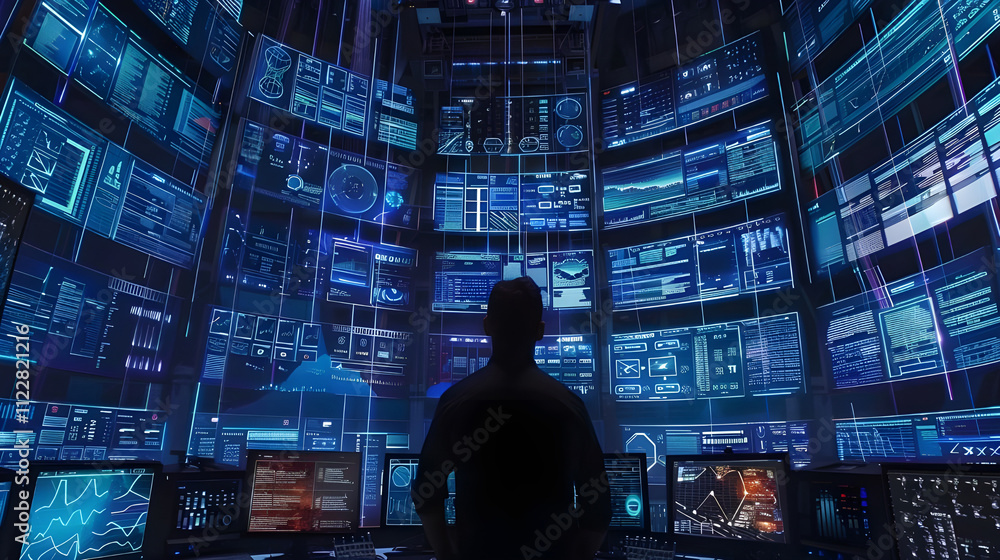 Aufkleber a person standing in a futuristic control room, surrounded by numerous glowing digital screens displ