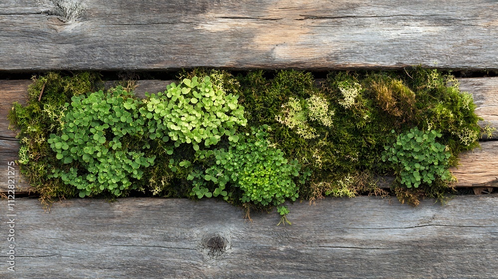 Poster rustic wooden texture with lush green moss filling cracks for natural decor and background : generat