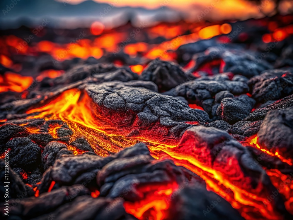 Poster captivating tilt-shift photography of a seamless lava texture featuring vibrant red and black colors
