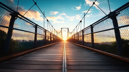 Obraz premium Dramatic Suspension Bridge at Sunset Overlooking Majestic Horizon : Generative AI
