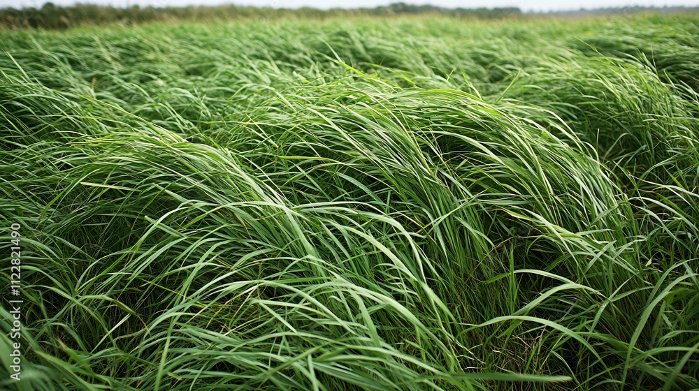 Poster lush green grass field with gentle breeze in a tranquil natural setting : generative ai