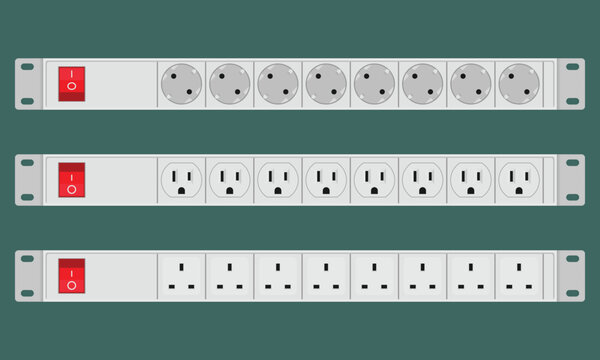 Power strips with various types of outlets. Set of 1U distribution panels for server racks. Vector illustration
