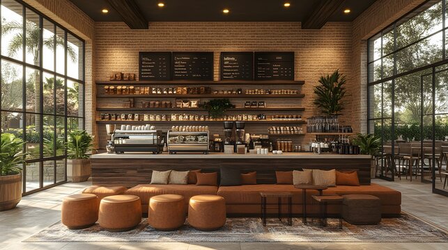 Country coffee shop design, 3D rendering with a warm color palette and inviting seating arrangement, wide view