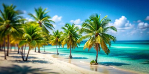Captivating Tilt-Shift Photography of Palm Trees on a Pristine White Sandy Beach with Turquoise Water and a Bright Blue Sky Creating a Tropical Paradise Scene