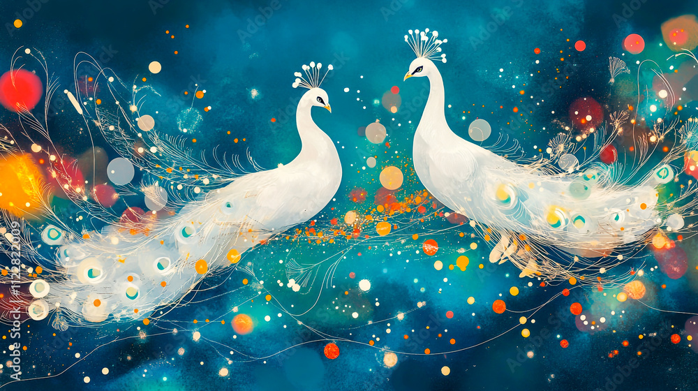 Poster Elegant White Peacocks Gracefully Displaying on a Vibrant Teal Background Surrounded by Colorful Abstract Shapes and Twinkling String Lights