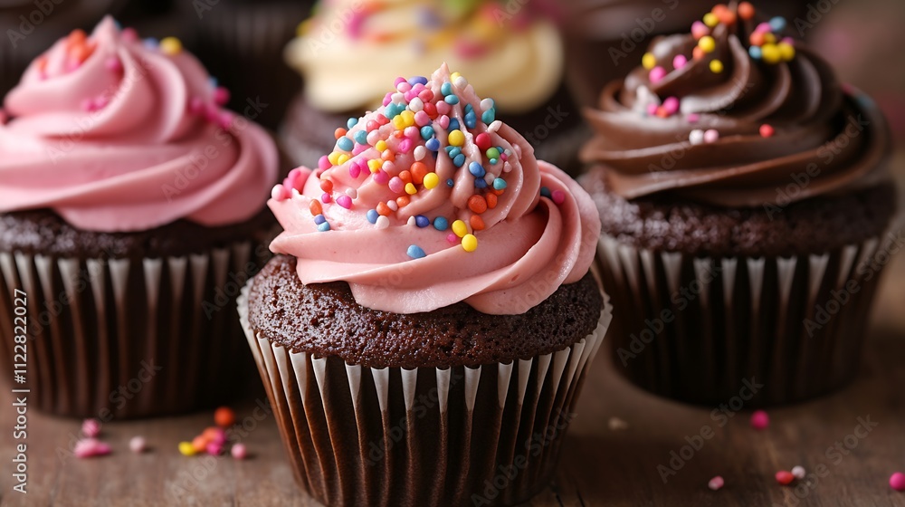 Poster assorted chocolate and vanilla cupcakes with colorful toppings for a lively celebration setting : ge