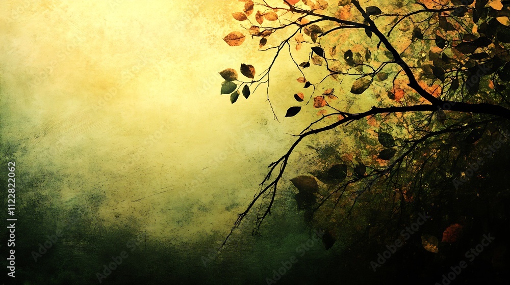 Aufkleber Artistic Autumn Branch with Colorful Leaves on Textured Background : Generative AI