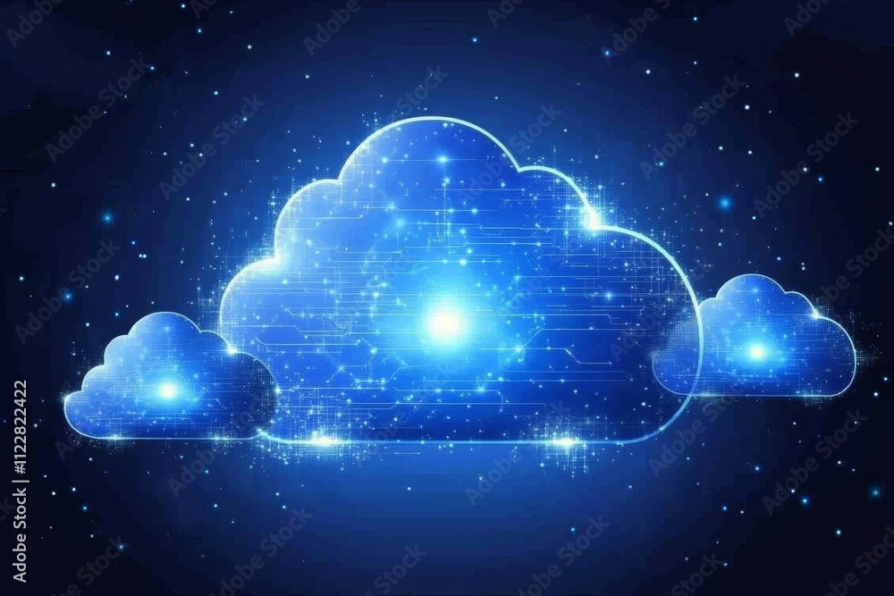 Poster digital cloud technology with sparkling lights and data connections, representing data storage, netw