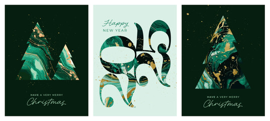 Set of Modern & Elegant Christmas Cards in Shades of Green and Gold, 2025, Christmas Trees, Abstract Acrylic Painting, Acrylic Pouring, Marble Texture