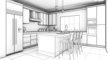 Fototapeta premium Modern kitchen design blueprint with island, cabinets, appliances, and bar stools.