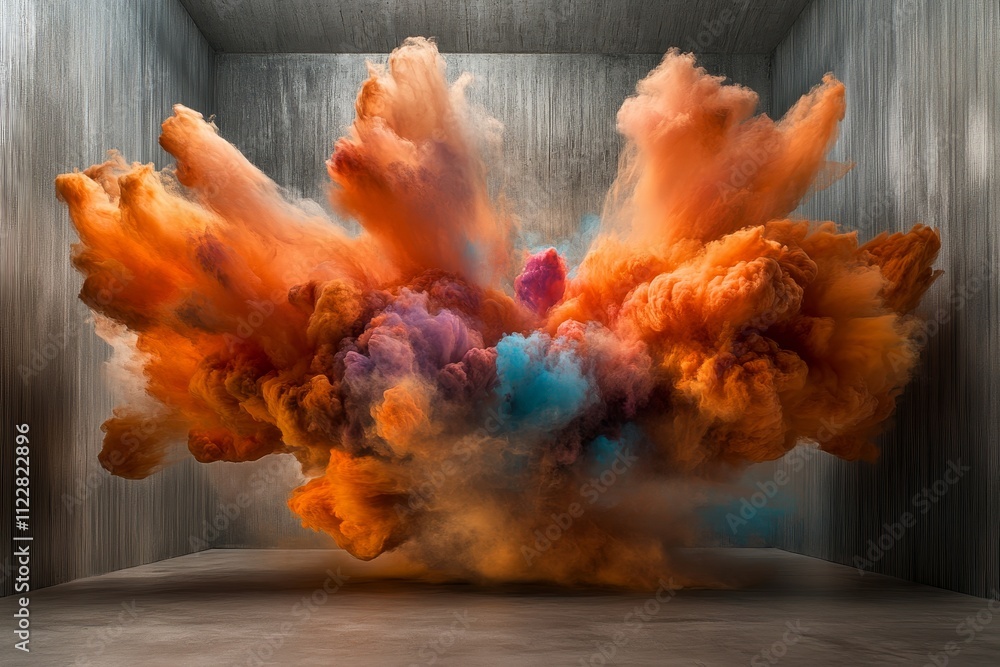 Poster dramatic colorful smoke explosion in a contemporary gray room creating an artistic and dynamic atmos