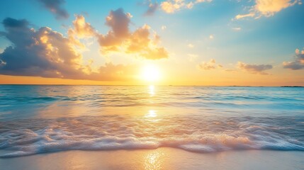 Obraz premium Peaceful Sunrise Over Clear Tropical Beach with Gentle Waves for Relaxation and Tranquility : Generative AI