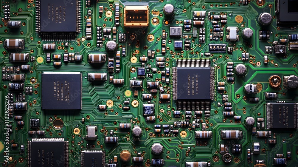 Poster a close up of a green electronic board with many small components. concept of complexity and intrica