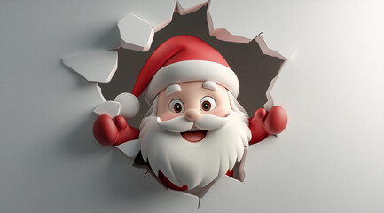 3D cartoon of a happy Santa Claus breaking through a wall with a hole in it, against a simple background, with a matte finish, in a minimalistic, cute, and adorable style. 