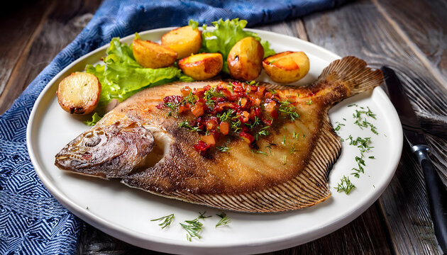 finkenwerder, scholle, art, essen, mit, speck, kartoffeln, fisch, neu, close up, teller, kartoffel, auf, holz, tisch, bratkartoffeln, speckscholle, norddeutsch, deftig, hamburg, bremen, kutterscholle,