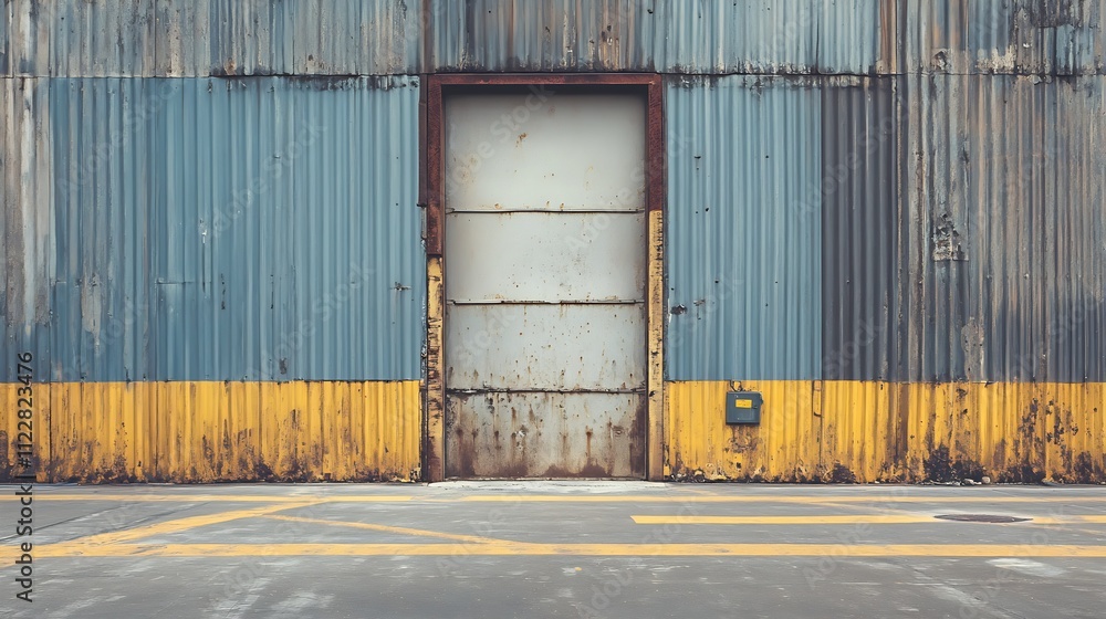 Poster industrial building with rusty metal cladding and weathered door entrance : generative ai