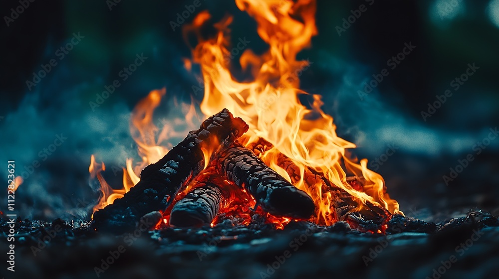 Poster glowing campfire logs casting warm light in a forest setting : generative ai