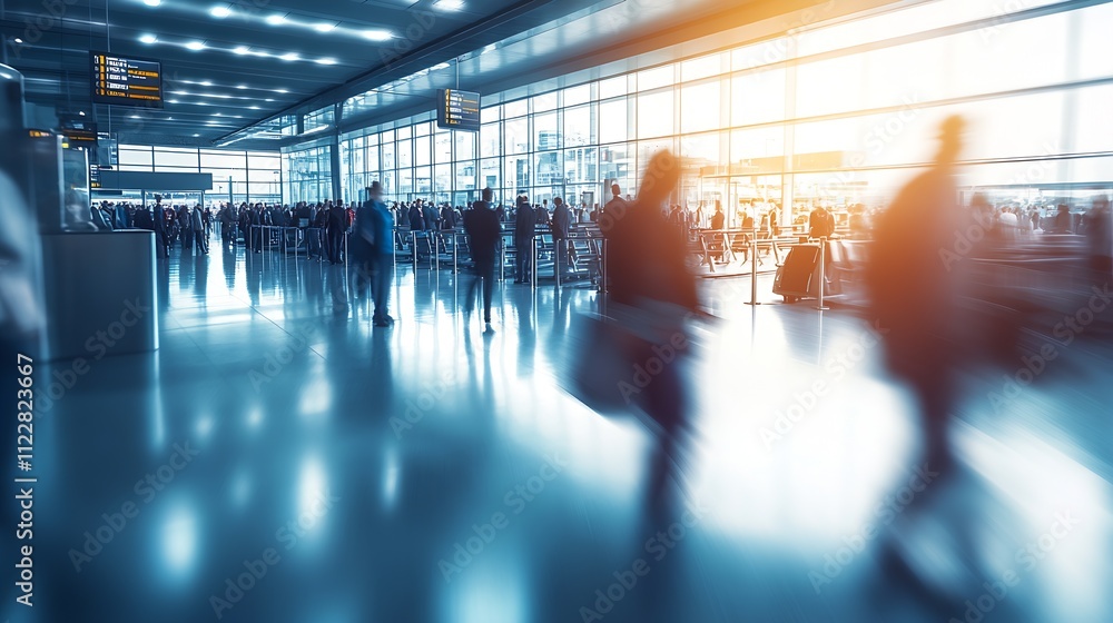 Poster motion blur of people walking in modern airport terminal with large windows : generative ai