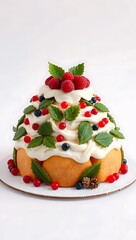 Obraz premium Delicious Christmas cake decorated with berries, festive holiday food