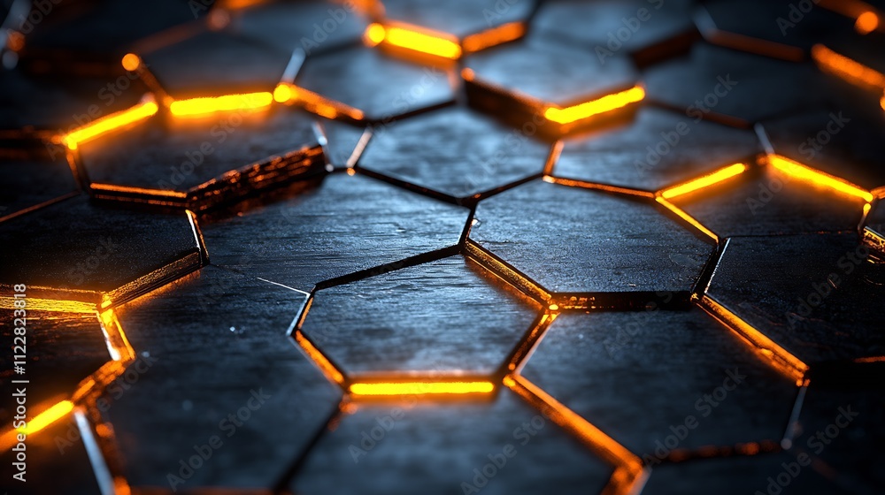 Aufkleber futuristic black and orange glowing hexagonal metal pattern background : generative ai