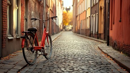 Vintage red bicycle parked on cobblestone street in charming European village during autumn sunset : Generative AI