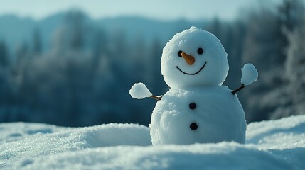 Happy snowman in snowy winter landscape.