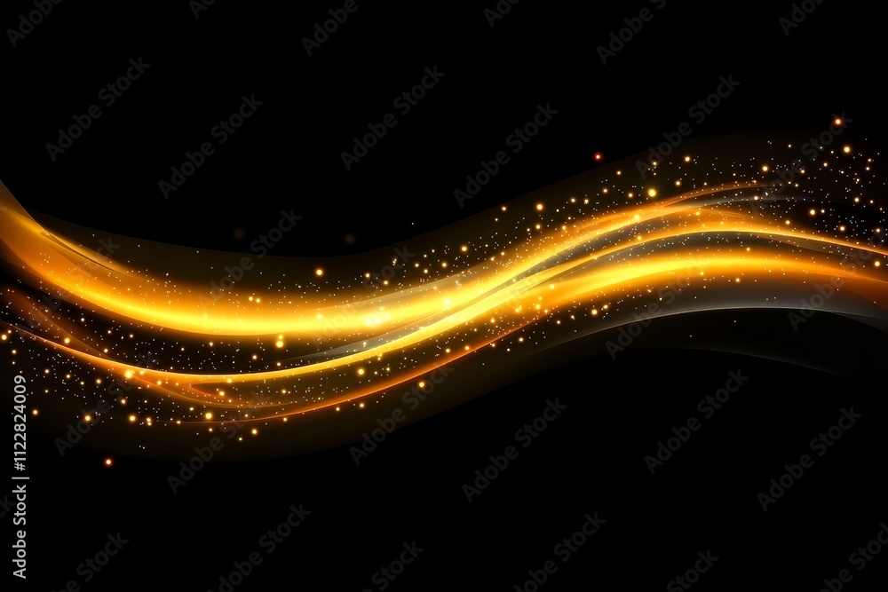 Poster dynamic flowing gold waves with sparkling glitter effects on a dark background ideal for invitations