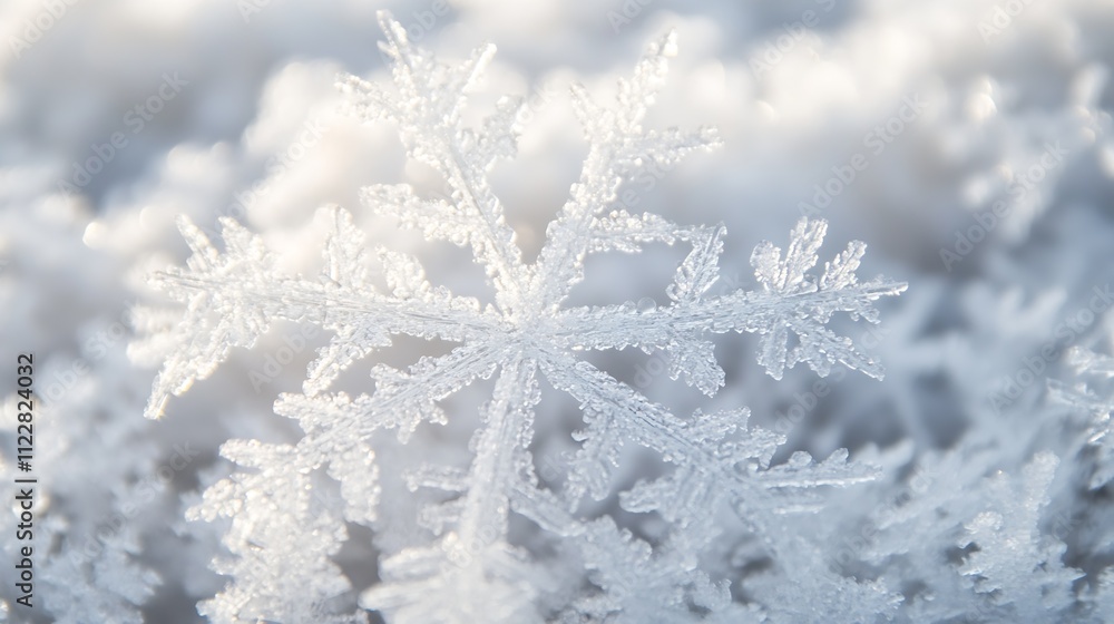Poster Closeup of crystallized snowflake with intricate patterns on fluffy white snow : Generative AI