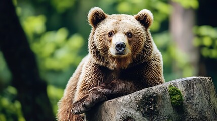Obraz premium Majestic Brown Bear Resting on a Forest Log in Natural Habitat : Generative AI