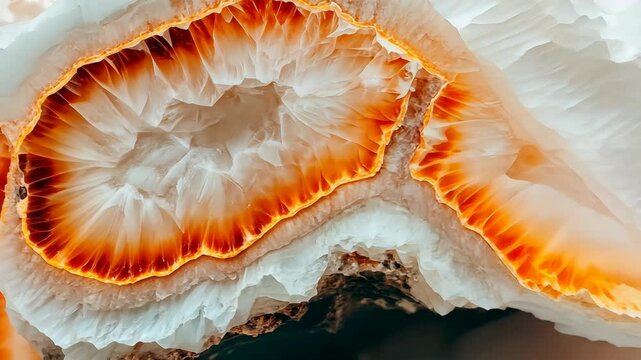 Stunning cross-section of agate revealing vibrant orange and white patterns found in natural geological formations
