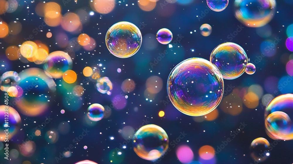 Poster colorful glowing soap bubbles floating in a vibrant multicolored background : generative ai