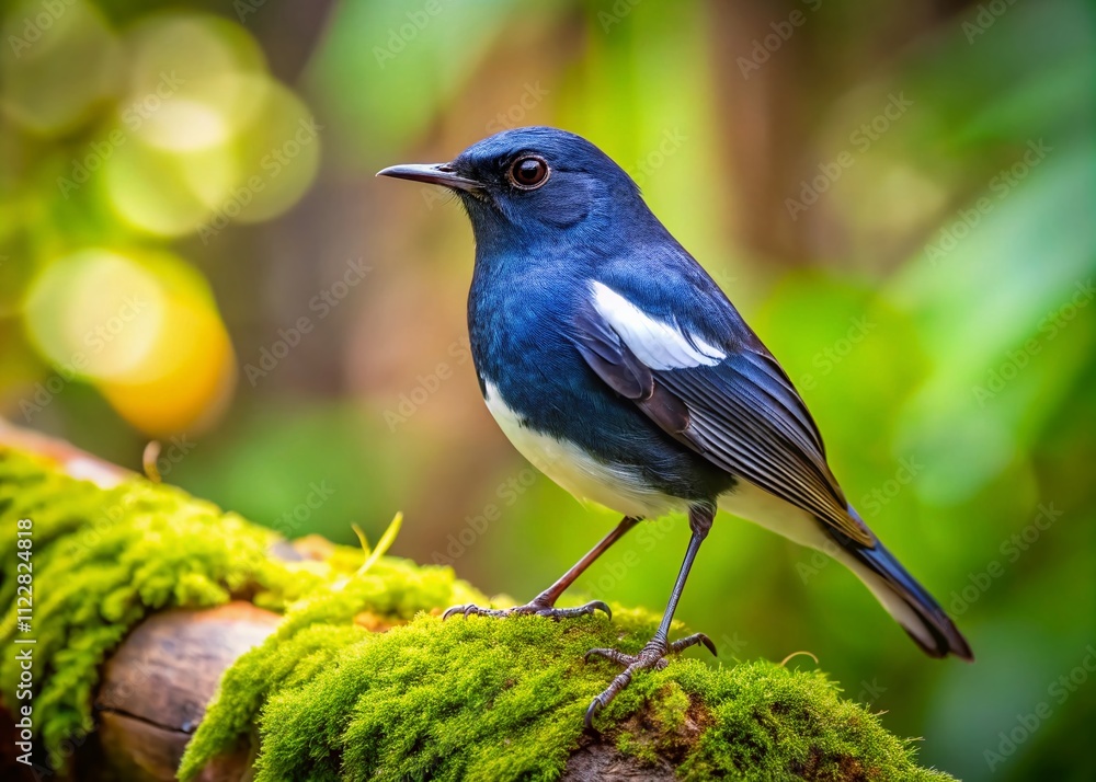 Aufkleber captivating whitetailed robin perched gracefully on a moss-covered tree log in a lush forest setting