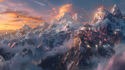 Aerial view of a futuristic city nestled on a snow-capped mountain range at sunset.