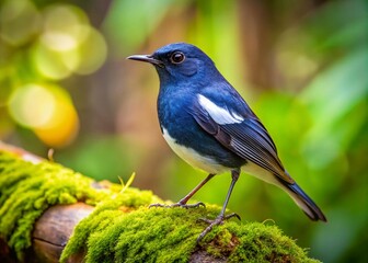 Fototapeta premium Captivating Whitetailed Robin Perched Gracefully on a Moss-Covered Tree Log in a Lush Forest Setting with Vibrant Greenery and Natural Light Enhancing the Scene