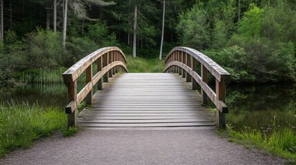Obraz premium Wooden Footbridge Surrounded by Lush Green Forest Over Serene River Landscape : Generative AI
