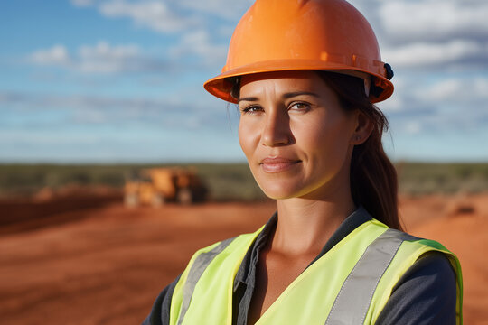 portrait of smiling female engineer in 40s on mine site wearing hard hat, high vis vest, and ppe in australian outback