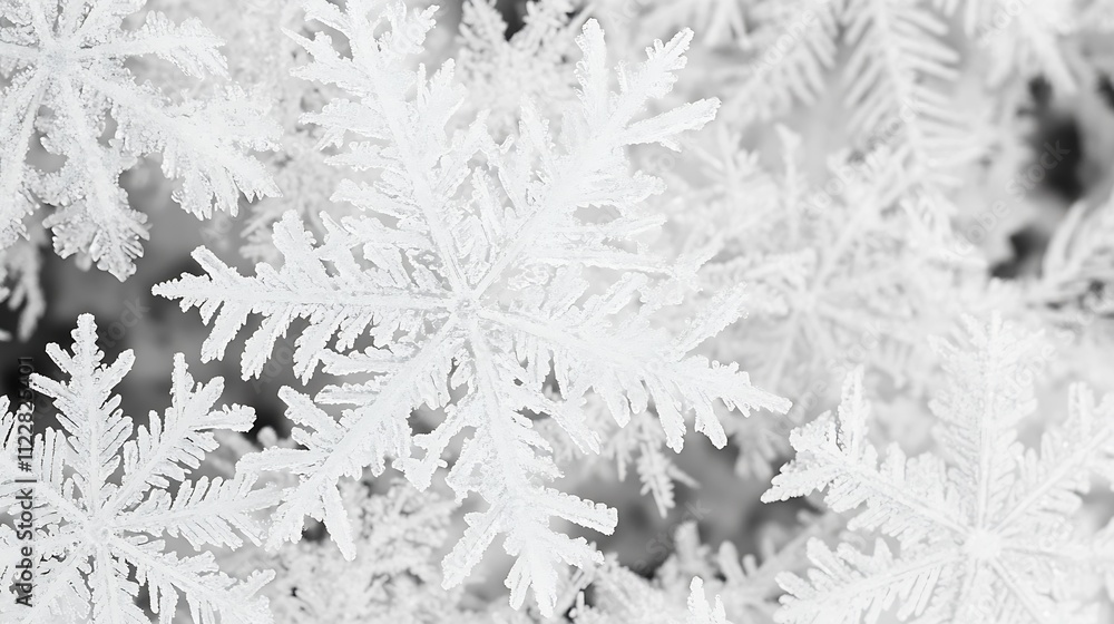 Poster Macro view of frosty snowflakes showcasing symmetrical structure and icy elegance : Generative AI