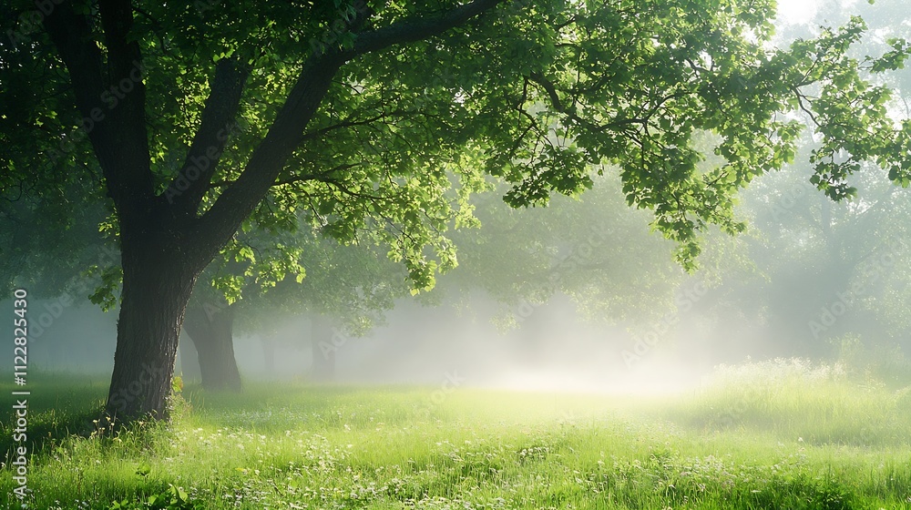 Poster serene sunlit forest meadow with lush green trees and mist : generative ai
