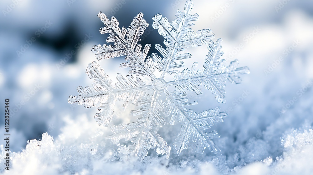 Aufkleber Closeup photo of intricate snowflake in soft focus with detailed icy structure : Generative AI