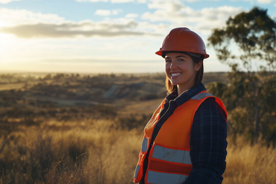 portrait of smiling female worker on mine site wearing hard hat, high vis vest, and ppe in australian outback