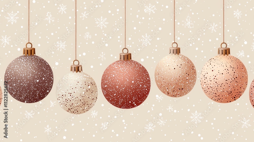 Poster glistening mocha and retro ornaments hang elegantly against a soft backdrop of falling snowflakes, e